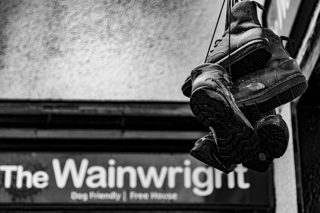 Boots hanging from the Wainwright pub